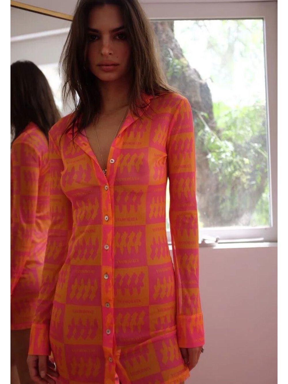 iNAMORATA Pink and Orange Riviera Geometric Women’s silhouette Button-Down Shirt